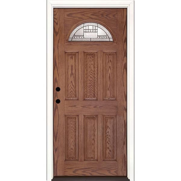 Feather River Doors 33.5 in. x 81.625 in. Preston Patina Fan Lite Stained Medium Oak Right-Hand Inswing Fiberglass Prehung Front Door