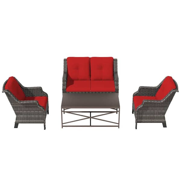 4-Pieces Wicker Outdoor Patio Furniture Sets Rattan Chair Wicker Set with Red Cushion