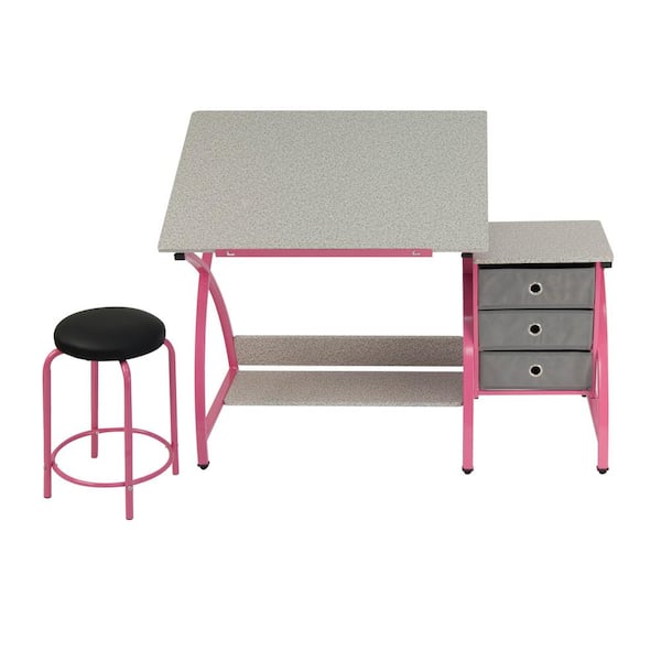 Studio Designs Comet 50 in. W x 23.75 in. D x 29.5 in. H Pink and Gray MDF Craft Table with Adjustable Top 3-Pull-Out Drawers and Stool