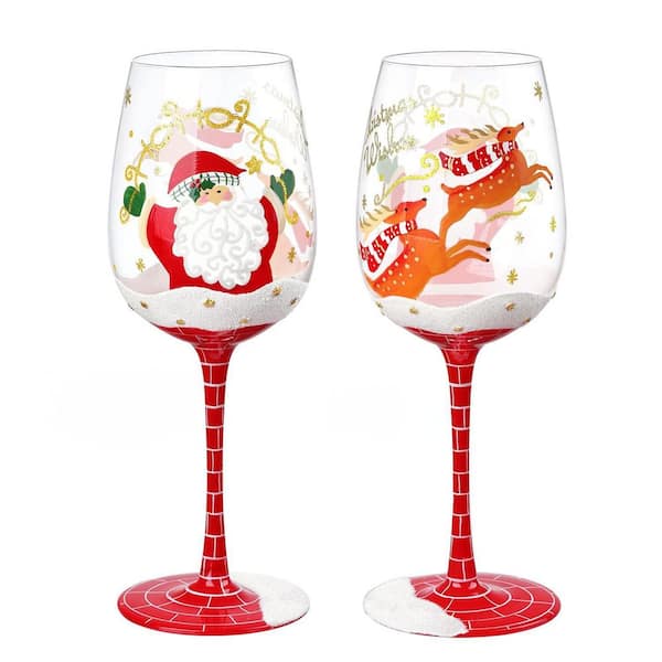 15 oz. Hand Painted Wine Glass with Santa Claus Christmas Elk for Christmas Party (Set of 1)