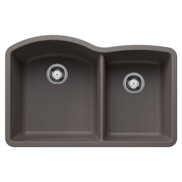 Blanco Diamond Silgranit 32.07 in. Undermount 60/40 Double Bowl Volcano Gray Granite Composite Kitchen Sink