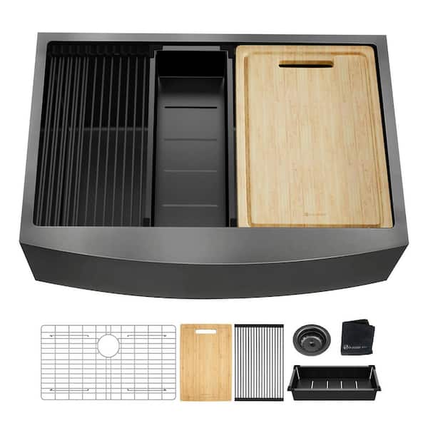 30 in. Farmhouse/Apron-Front Single Bowl 18 Gauge Gunmetal Black Stainless Steel Workstation Kitchen Sink