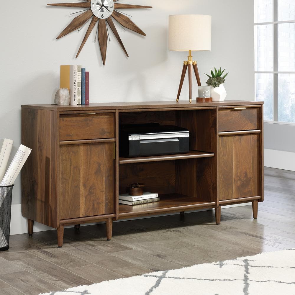 Grand Walnut Mid-Century 59'' Storage Credenza with Brass Accents