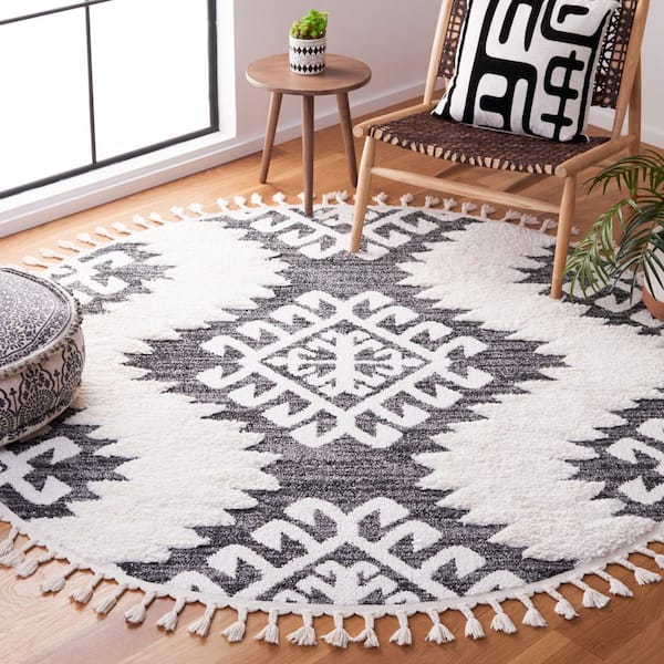 Moroccan Tassel Shag 3 ft. x 3 ft. Round Dark Gray/Ivory Geometric Zig-Zag High-Low Area Rug