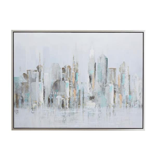 Litton Lane 1- Panel City Buildings Framed Wall Art with Silver Frame 36 in. x 48 in.