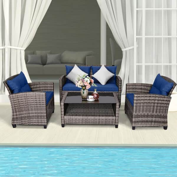 4-Piece Wicker Patio Conversation Set with Navy Cushions