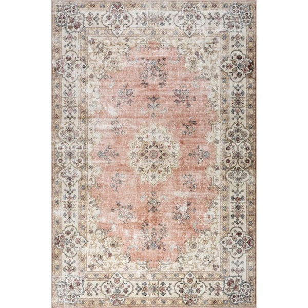 Rosette Medallion Spill Proof Washable Peach 6 ft. x 9 ft. Indoor Area Rug