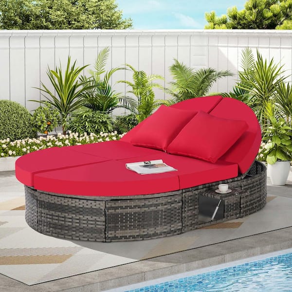 Zeus & Ruta Gray Wicker Outdoor Day Bed with Red Cushions, Pillows, Adjustable Backrests and Foldable Cup Trays