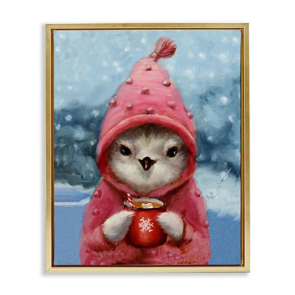 Stupell Industries Bird with Winter Cocoa by Lucia Heffernan 1 Piece Floater Frame Graphic Print Animal Poster Art Print 31 in. x 25 in.