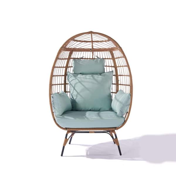 Afoxsos 39 in. 1-Person Outdoor Garden Rattan Egg Swing Chair Patio Hanging Chair with Blue Cushion