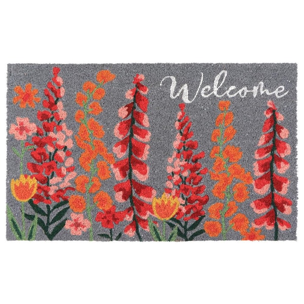EVIDECO French home goods Floral Welcome Gray 18 in. x 30 in. Sheltered or Indoor Coconut Door Mat