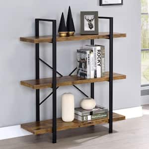 40 in. Antique Nutmeg and Black Wood 3-Shelf Industrial Bookcase