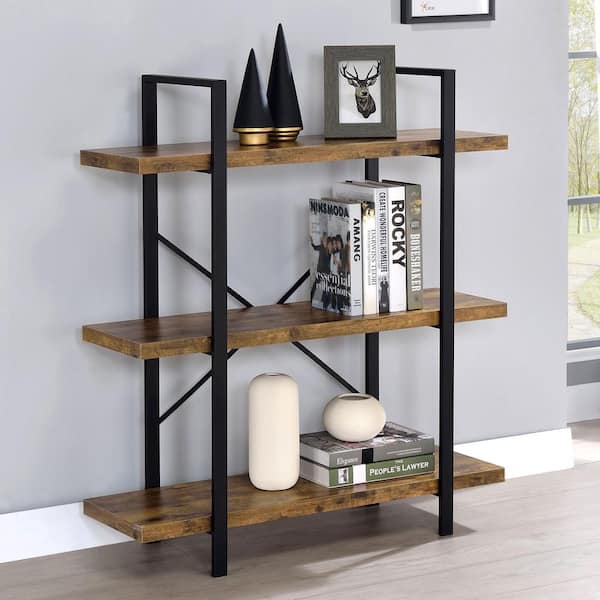 Coaster 40 in. Antique Nutmeg and Black Wood 3-Shelf Industrial Bookcase