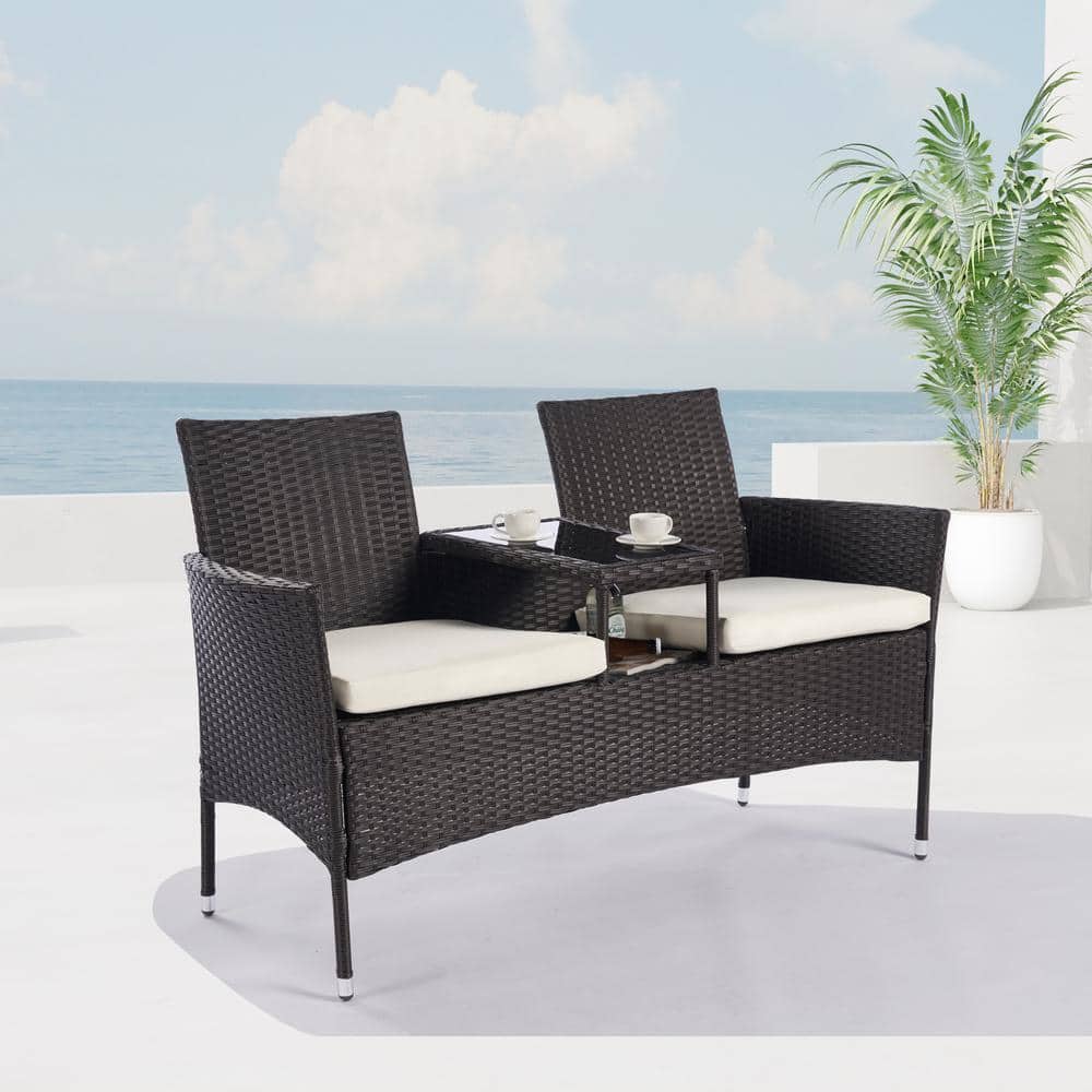 Afoxsos Brown Rattan Wicker Outdoor Loveseat with Coffee Table and