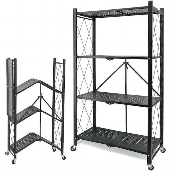 Bunpeony 4-Tier Foldable Metal Rack Storage Shelving Unit, Kitchen Shelf with 3-Hooks