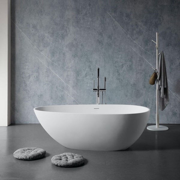 67 in. x 34 in. Contemporary Solid Surface Freestanding Soaking Bathtub in Gloss White with Overflow and Pop-up Drain