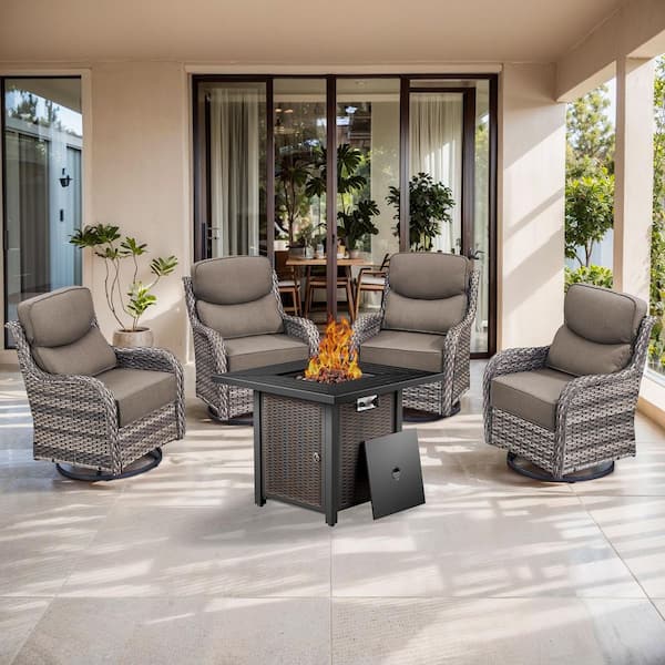 5-Piece Wicker Outdoor Patio Fire Pit Set with CushionGuard Gray Cushions
