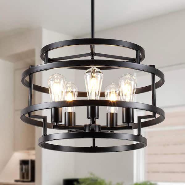 5-Light Black Farmhouse Drum Cage Pendant light Round Chandelier for Dining Room