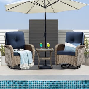 3-Pcs Light Brown Wicker Outdoor Rocking Chair Patio Conversation Set Swivel Chairs with Blue Cushions and Table