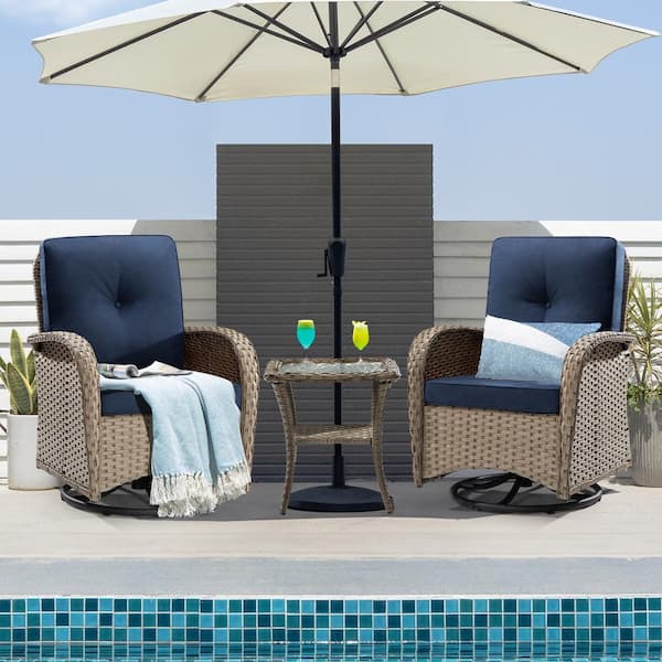 3-Pcs Light Brown Wicker Outdoor Rocking Chair Patio Conversation Set Swivel Chairs with Blue Cushions and Table
