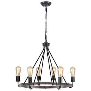 6-Light Brown/Black Rustic Farmhouse Candle Style Wagon Wheel Chandelier for Dining Room with no Bulbs Included