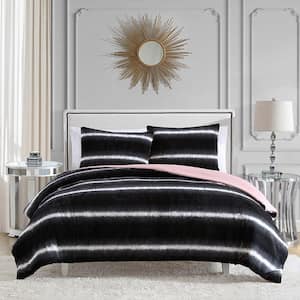 Juicy Ombre Stripe Faux Fur 3-Piece Reversible Black/White King Comforter Set