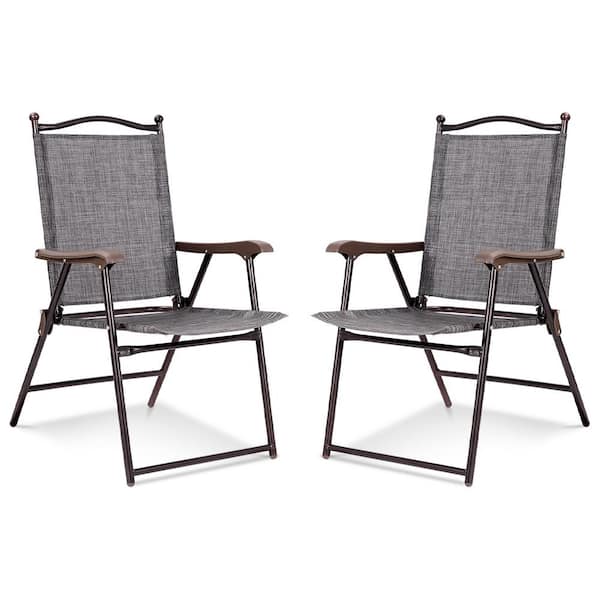Metal Patio Folding Dining Chair Sling Back Deck Chairs Set of 2-in Gray