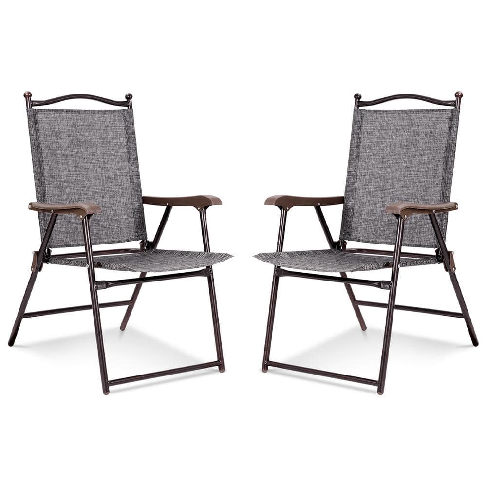 Metal Patio Folding Dining Chair Sling Back Deck Chairs Set of 2-in Gray