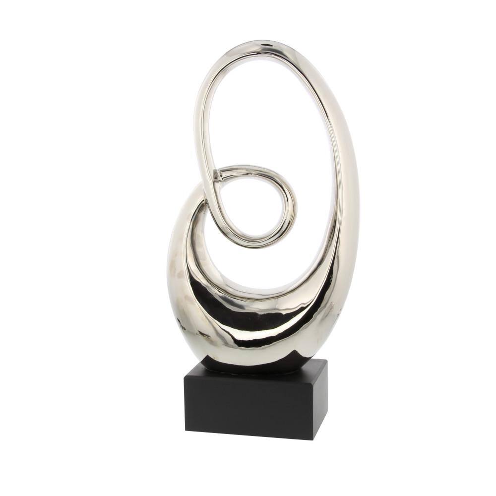 21" Silver Ceramic Swirl Abstract Sculpture with Black Base
