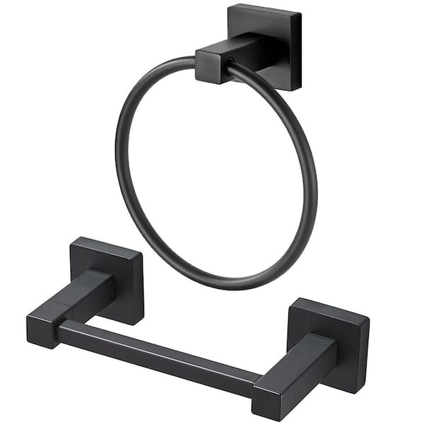 2-Piece Bath Hardware Set Included Toilet Paper Holder and Towel Ring in Matte Black, Corrosion and Scratch-Resistant