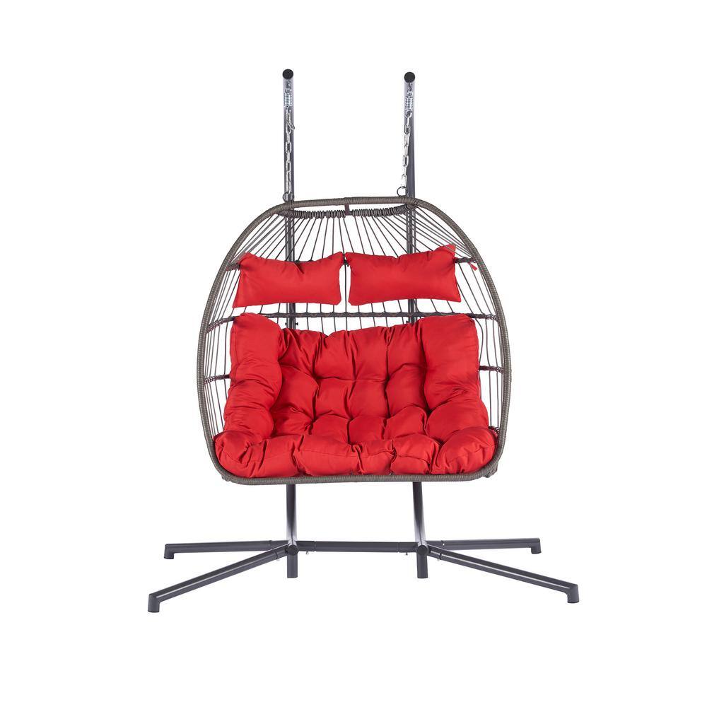 2-Person Rattan Wicker Patio Outdoor Hanging Swings Chair with Red Cushions