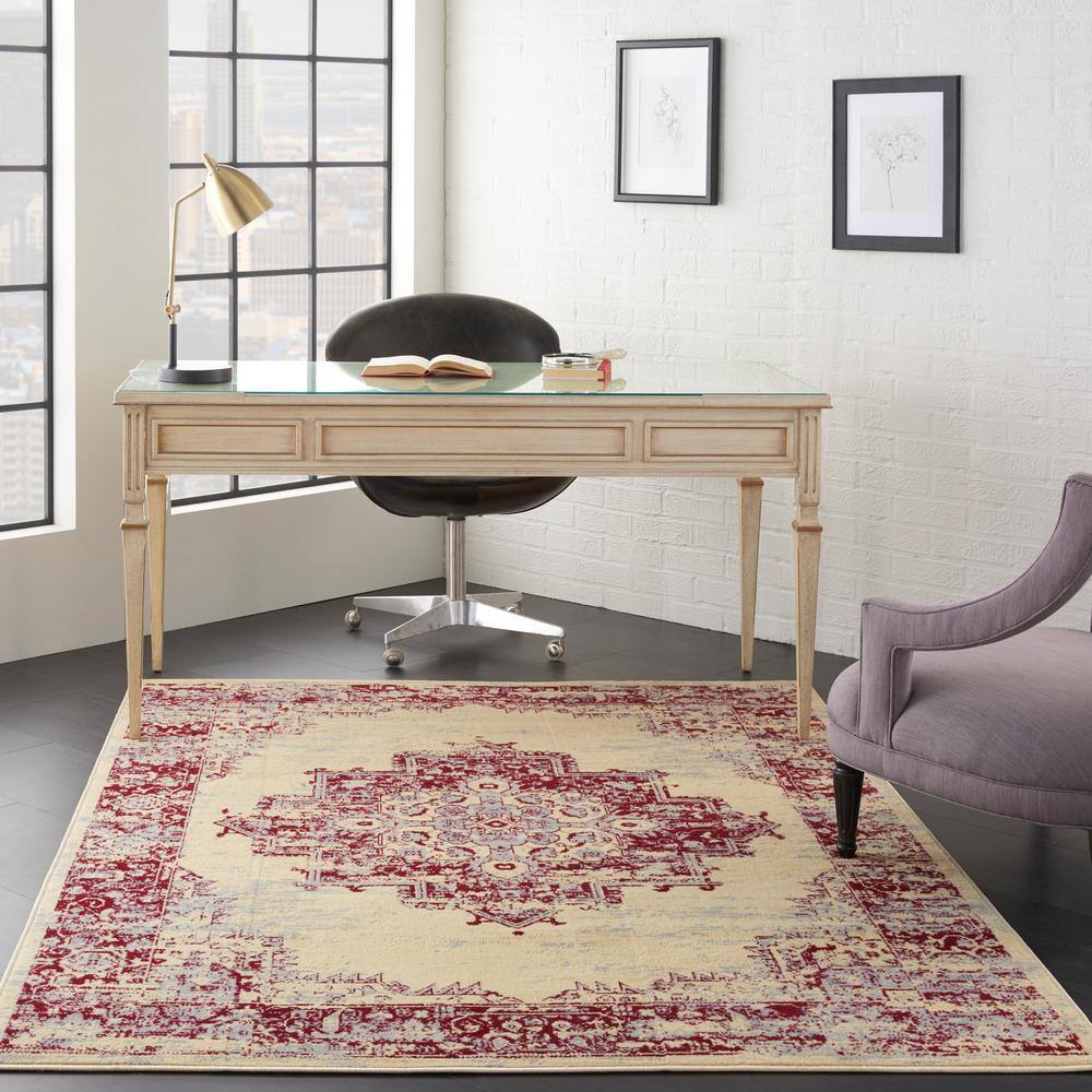 Cream and Red Medallion Synthetic 5' x 7' Area Rug