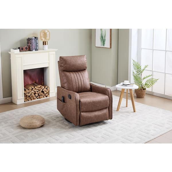 Cecil Modern Brown Upholstered Faux Leather Swivel Rocker Recliner Chair with Lumbar Heat and Massage