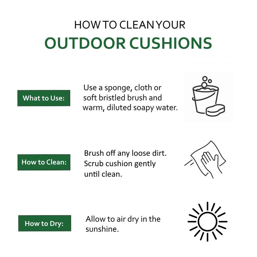 Graphic showing instructions on how to clean outdoor cushions.