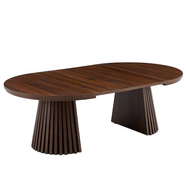 55" Extendable Round Coffee Table with Slatted Table Legs,Wood Tea Table or Office Desk,Oval Center Table in Walnut