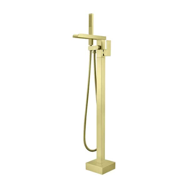 Single Handle Floor Mount Bathtub Faucet Freestanding Tub Filler Standing Shower Faucets with Handheld Shower in Gold