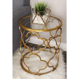 16 in. Gold Quatrefoil Design Large Cylinder Glass End Accent Table with Clear Glass Top