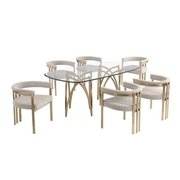 Best Quality Furniture Amelia 7-Piece Clear Tempered Glass Top Gold Chrome Plated Base Dining Set With 6-Grey Boucle Fabric Chairs