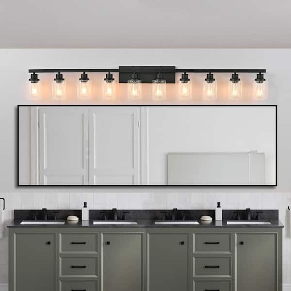 65 in. 10-Light Black Bathroom Vanity Light Fixture with Clear Glass Shades, no bulbs included