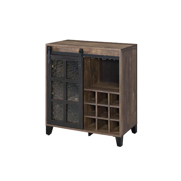 Acme Furniture Treju Obscure Glass, Rustic Oak and Black Wine Cabinet