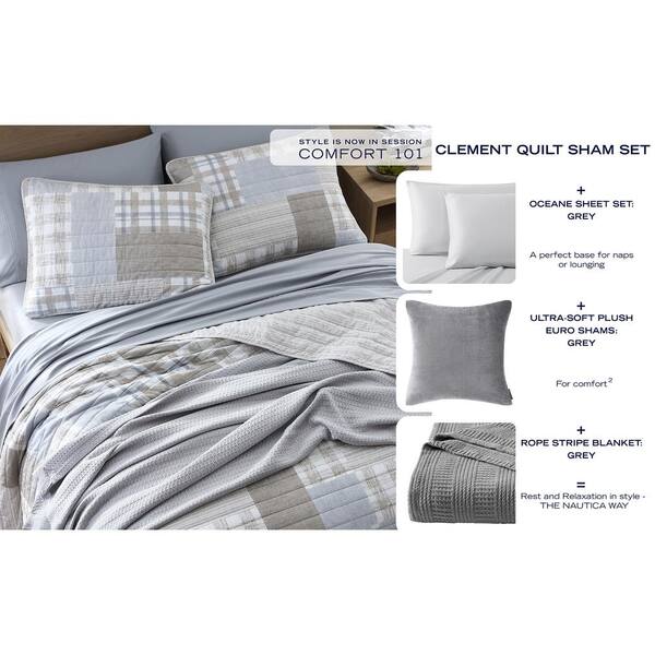 Nautica Clement 3-Piece Beige Plaid Cotton Full/Queen Quilt Set