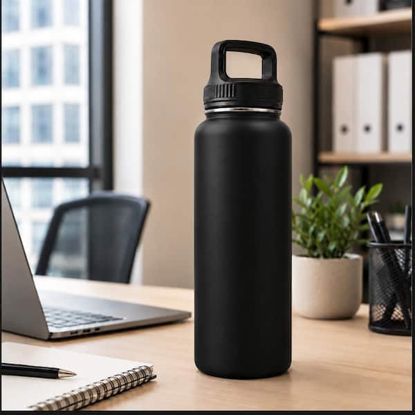 40 oz. Black Stainless Steel, Insulated Water Bottle with 3 Lids
