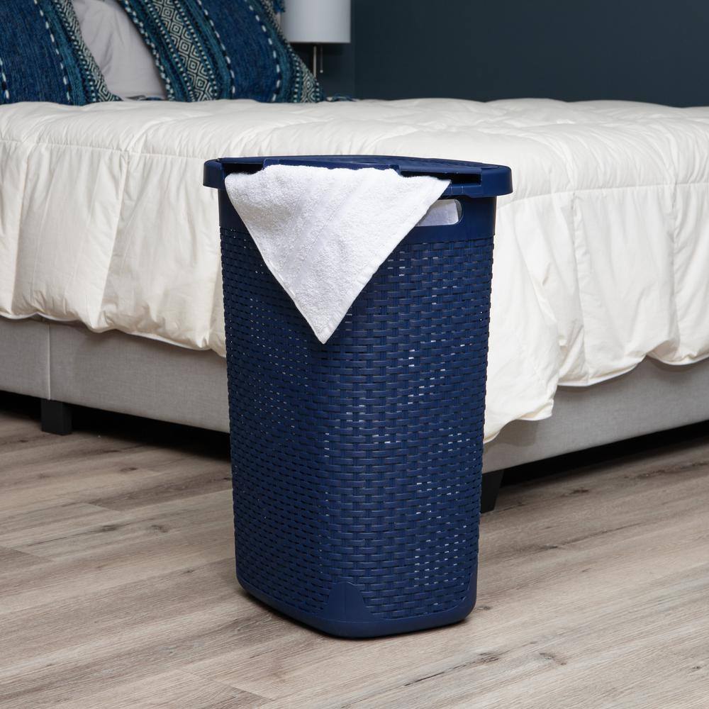 Navy Wicker Design Rectangular Plastic Laundry Hamper with Lid