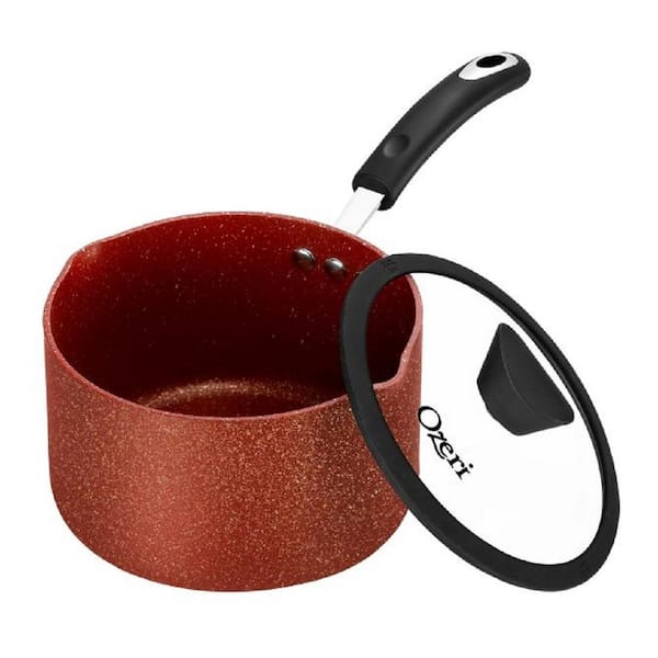 3.2 qt. Stone Layered with Aluminum Core Nonstick Saucepan in Red Clay with Silicone Coated Handle and Glass Lid