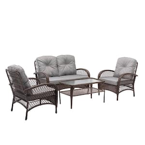 4-Piece Wicker Patio Conversation Set with 2 Gray Cushioned Chairs 1 Loveseat and 1 Glass-Top Table
