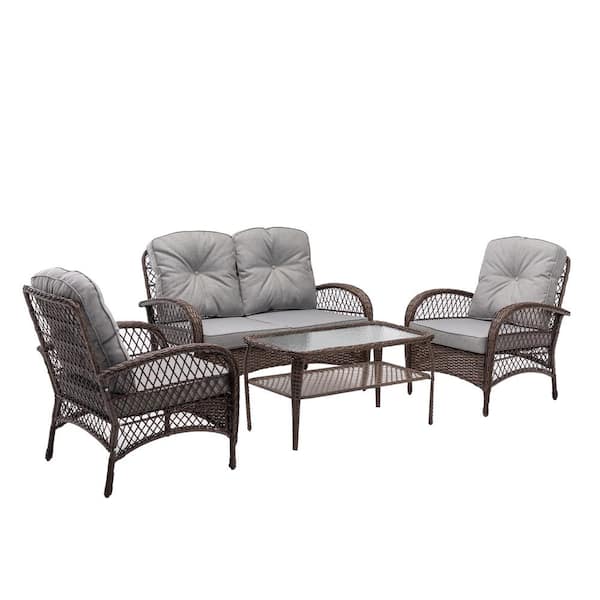HOMEFUN 4-Piece Wicker Patio Conversation Set with 2 Gray Cushioned Chairs 1 Loveseat and 1 Glass-Top Table
