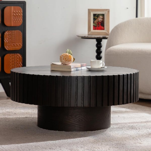 Orlandis Modern 31.5 in. Walnut Finish + Black Round MDF Wood Coffee Table Gear-Shaped Tea Table