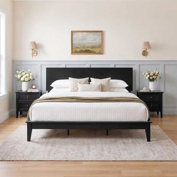 LUE BONA Lexus Black Solid Wood Frame King Platform Bed with