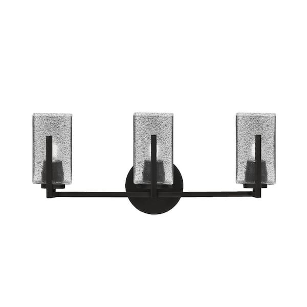 Unbranded Cottonwood 20.75 in. 3-Light Vanity Light Matte Black with 3.5 in. Square Smoke Bubble Glass Shades, No Bulbs Included