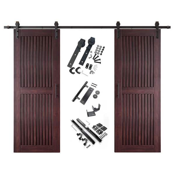 ST 26 in. x 84 in. C-Panel Red Mahogany Vertical Stripe Design Double Pine Wood Sliding Barn Door with Hardware Kit